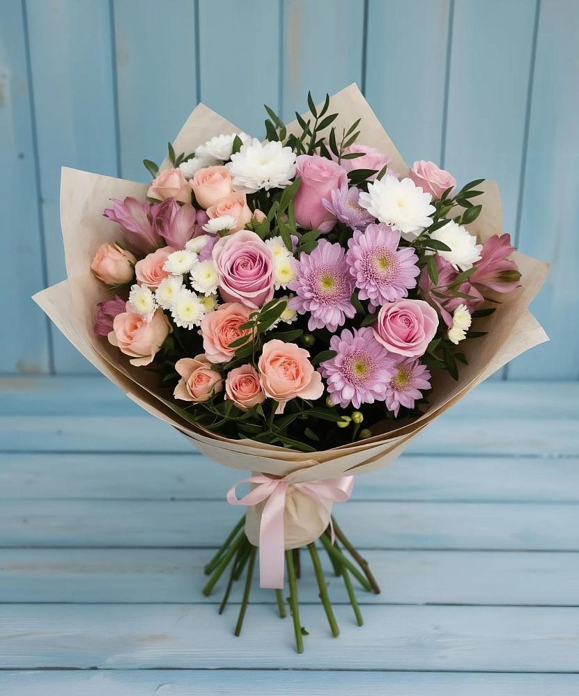 Букет цветов из: Хризантемы, Розы и Альстромерии в Красной горе