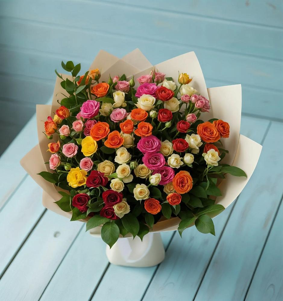 Букет Микс из разноцветных кустовых роз в Красной горе