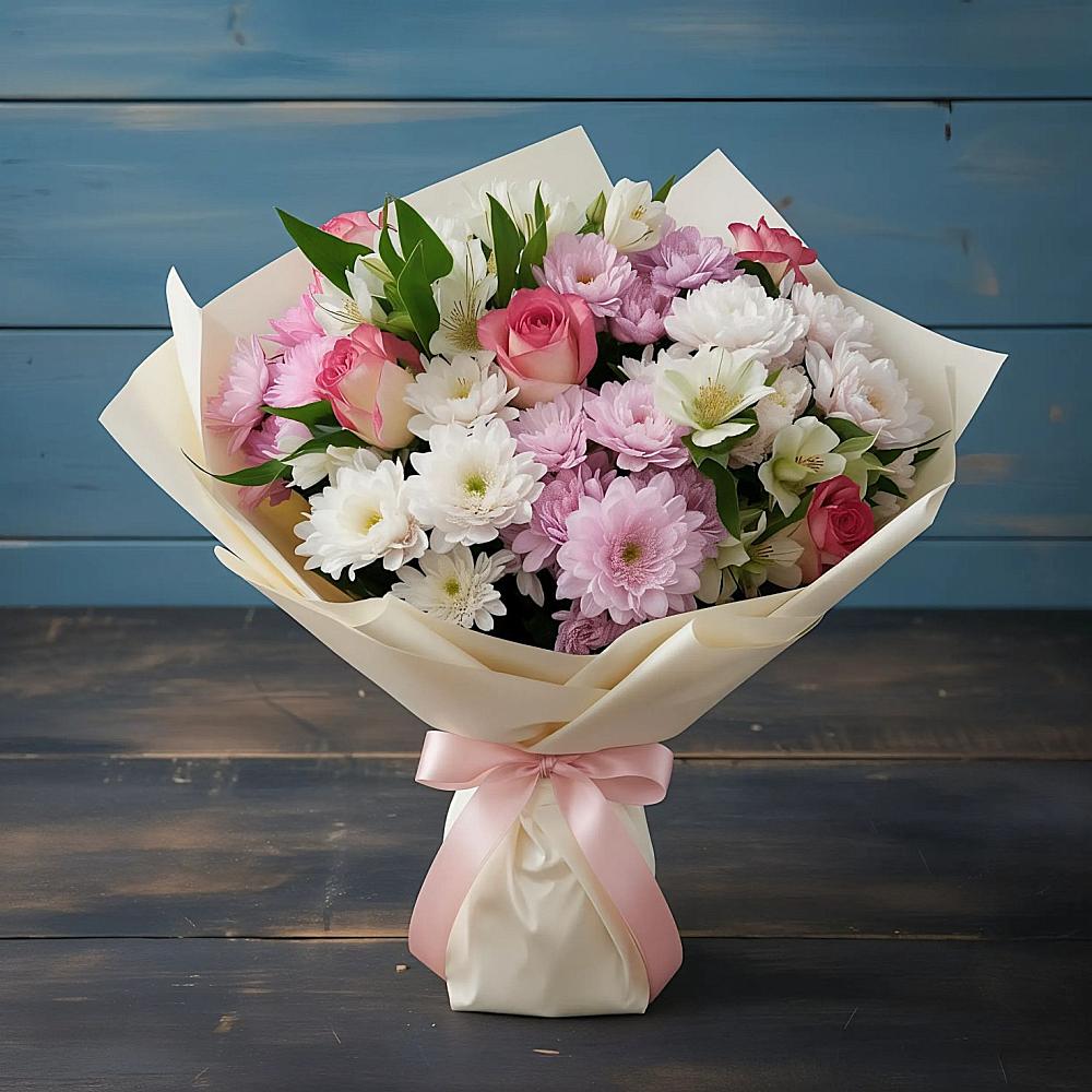 Букет цветов из: Хризантемы, Альстромерии и Розы в Красной горе